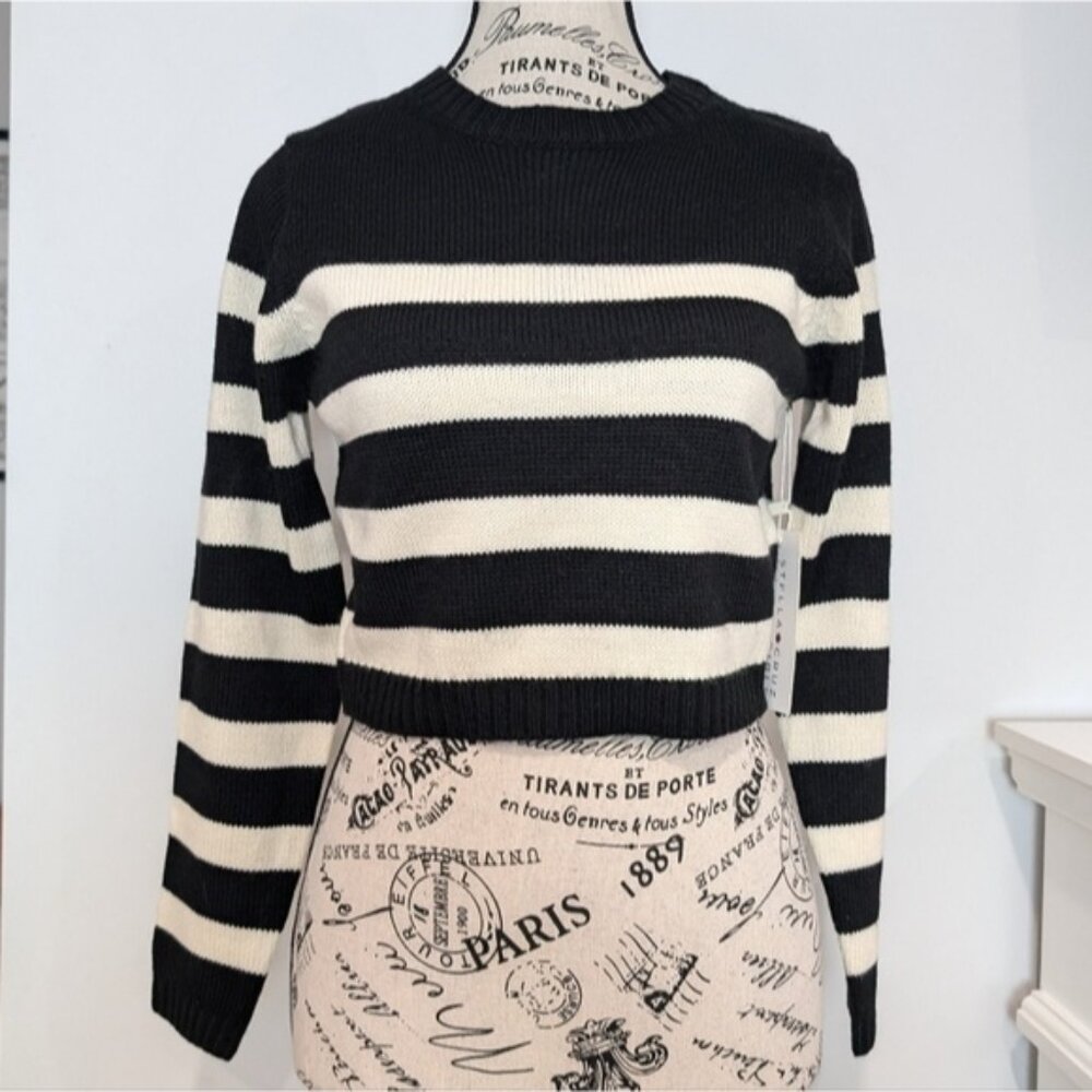 STELLA CRUZ | Girl's Black/White Striped Knitted Long Sleeved Cropped Sw…